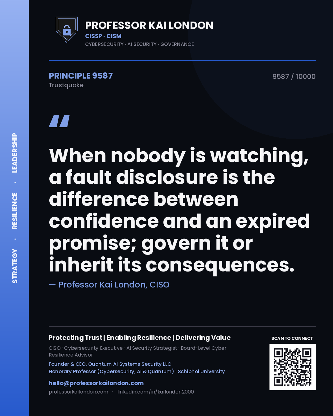 Quote card by Professor Kai London reading 'When nobody is watching, a fault disclosure is the difference between confidence and an expired promise; govern it or inherit its consequences.'. From the book Trustquake.