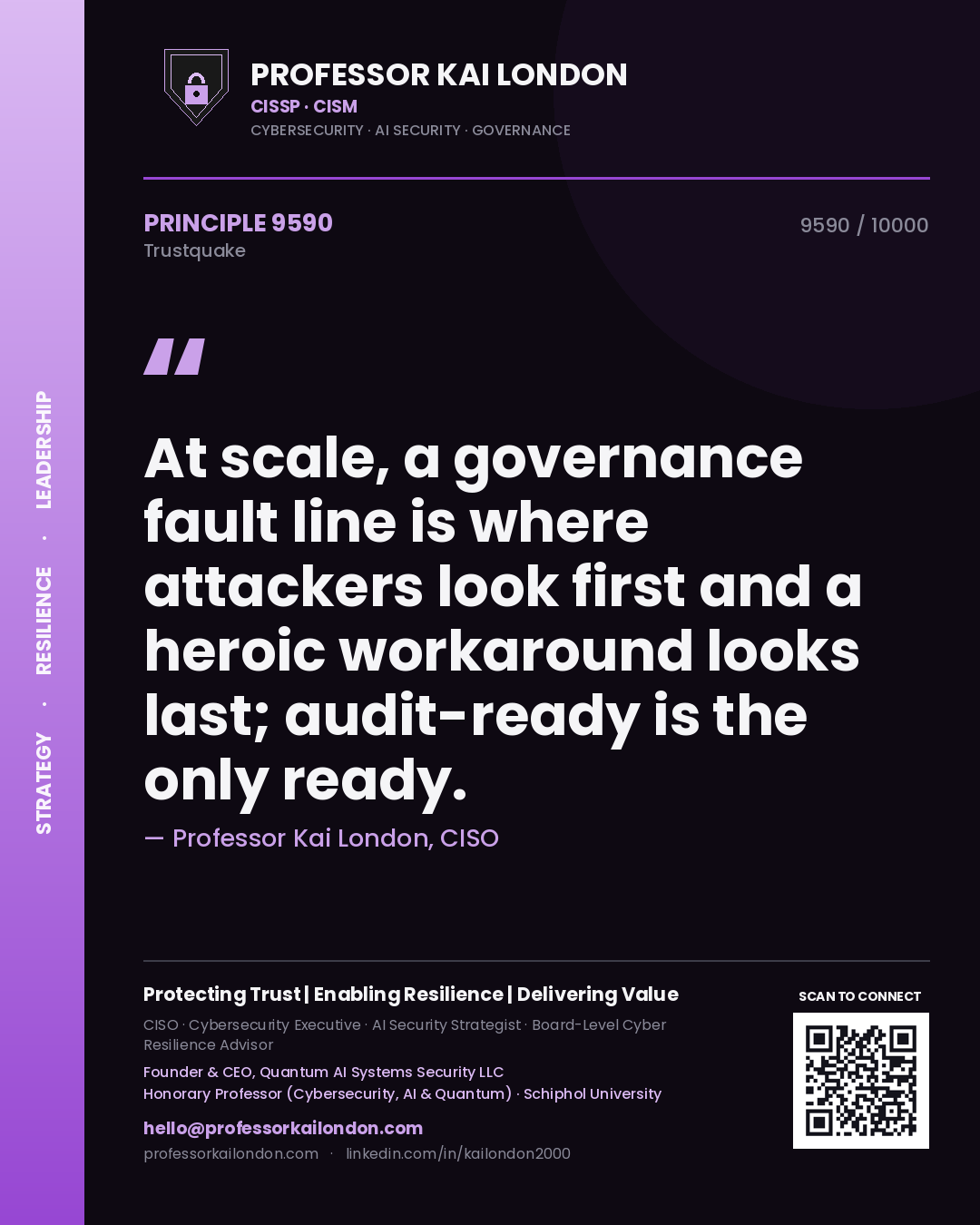 Quote card by Professor Kai London reading 'At scale, a governance fault line is where attackers look first and a heroic workaround looks last; audit-ready is the only ready.'. From the book Trustquake.