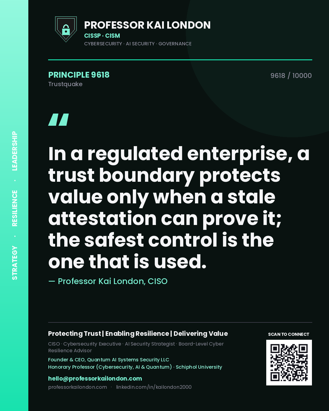 Quote card by Professor Kai London reading 'In a regulated enterprise, a trust boundary protects value only when a stale attestation can prove it; the safest control is the one that is used.'. From the book Trustquake.