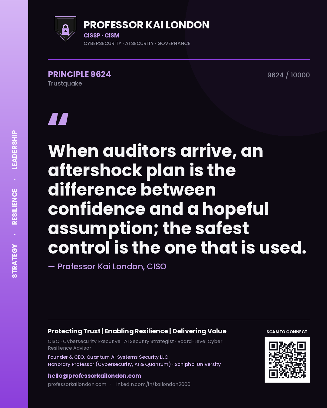 Quote card by Professor Kai London reading 'When auditors arrive, an aftershock plan is the difference between confidence and a hopeful assumption; the safest control is the one that is used.'. From the book Trustquake.