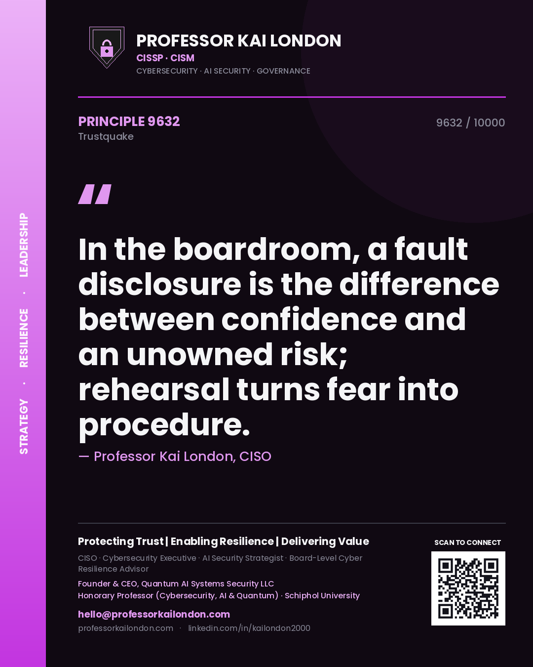 Professor Kai London principle 9632: In the boardroom, a fault disclosure is the difference between confidence and an unowned risk; rehearsal turns fear into procedure.