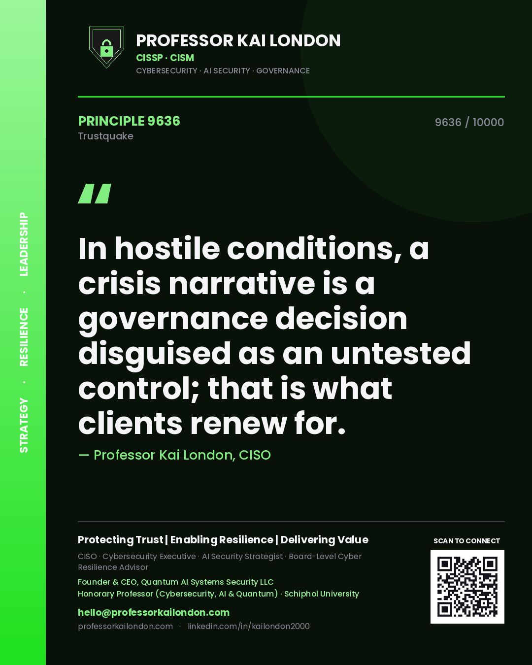 Professor Kai London principle 9636: In hostile conditions, a crisis narrative is a governance decision disguised as an untested control; that is what clients renew for.