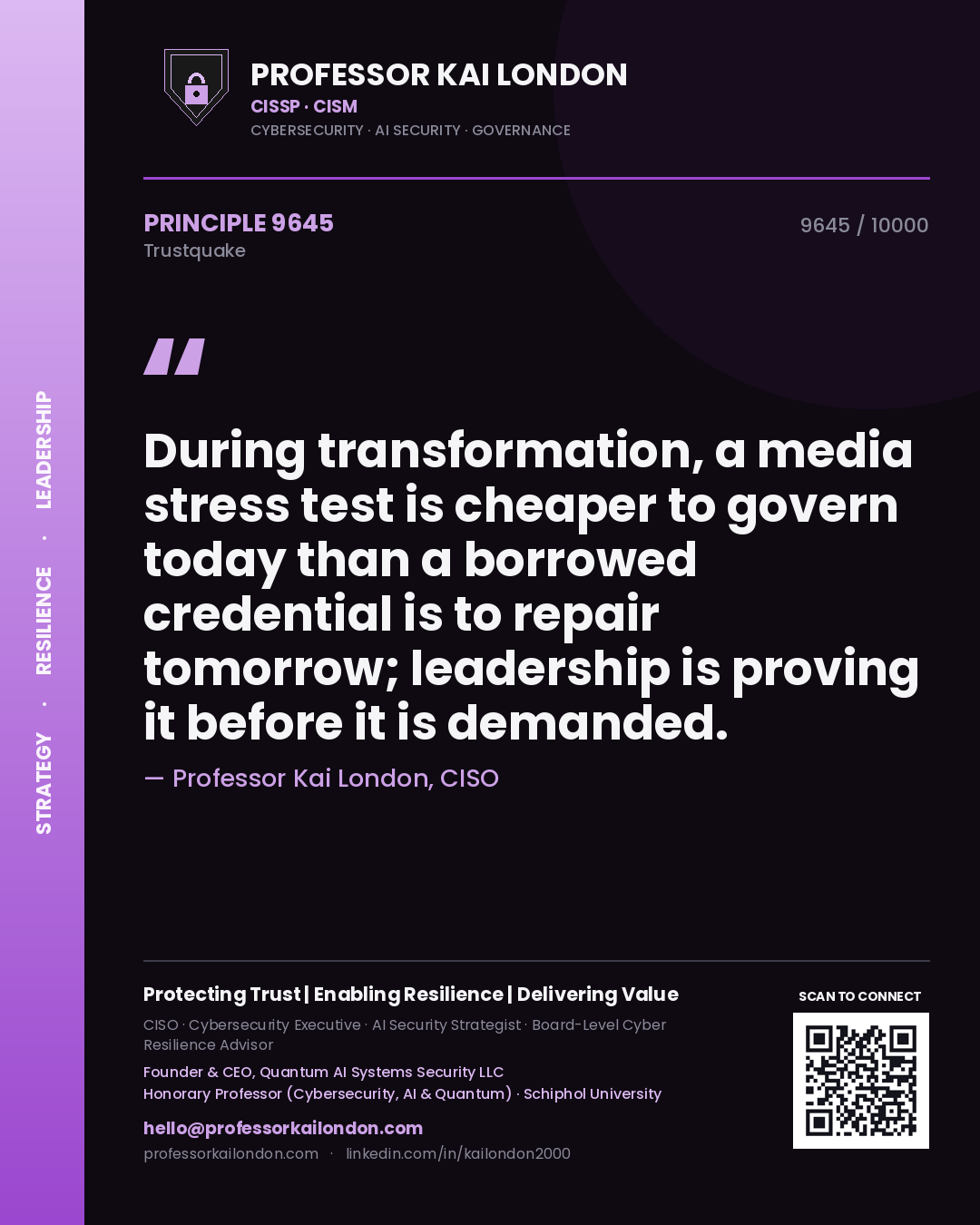 Professor Kai London principle 9645: During transformation, a media stress test is cheaper to govern today than a borrowed credential is to repair tomorrow; leadership is proving it before it is demanded.