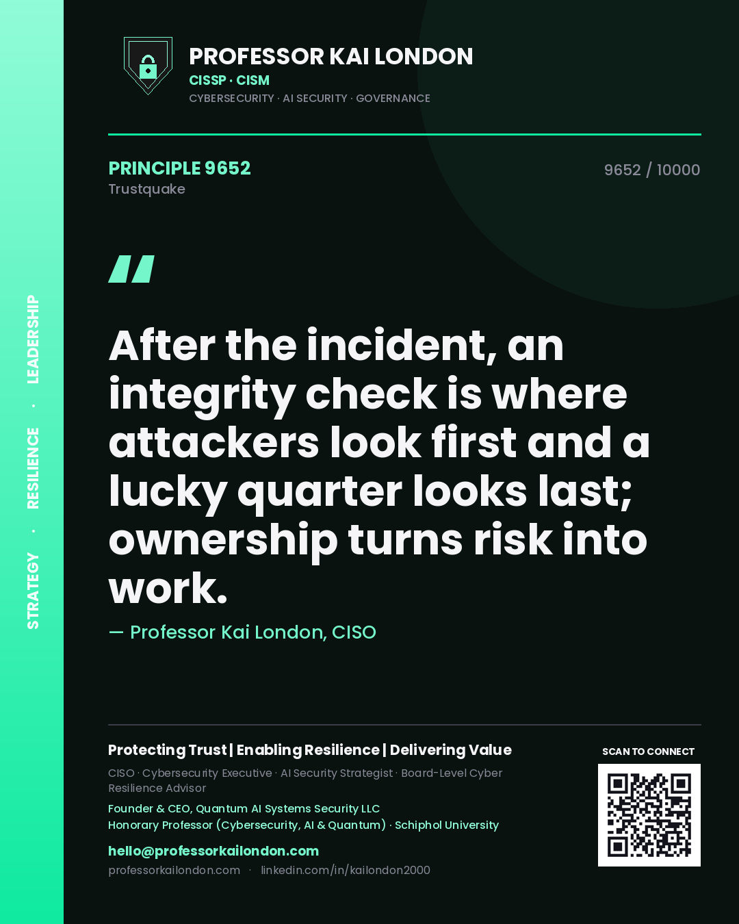 Quote card by Professor Kai London reading 'After the incident, an integrity check is where attackers look first and a lucky quarter looks last; ownership turns risk into work.'. From the book Trustquake.