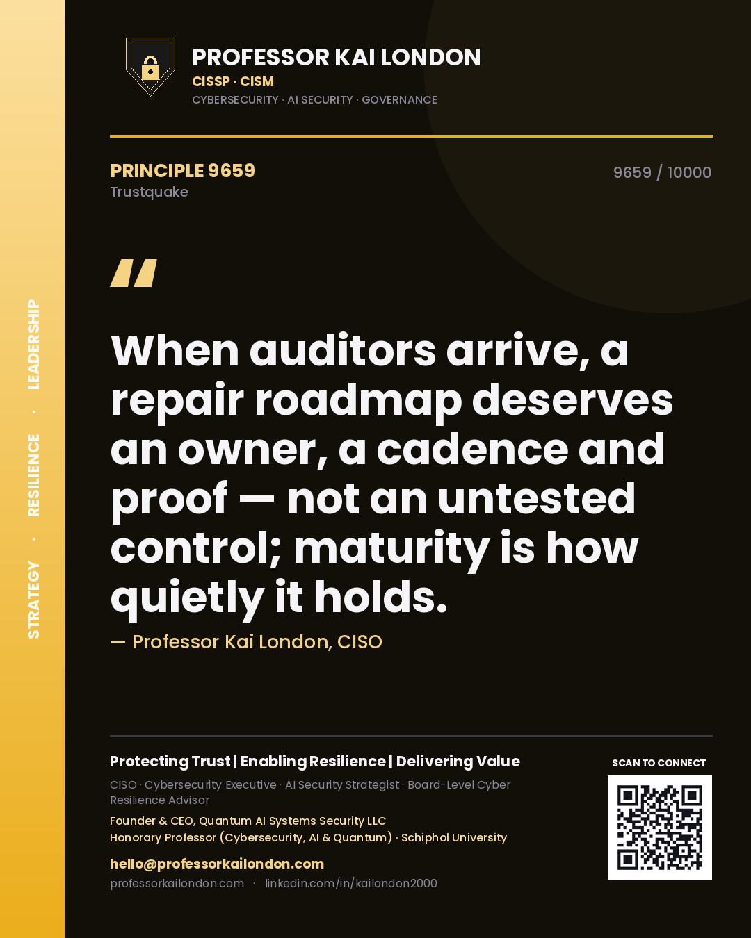 Professor Kai London principle 9659: When auditors arrive, a repair roadmap deserves an owner, a cadence and proof — not an untested control; maturity is how quietly it holds.