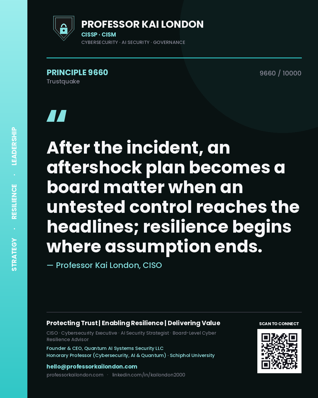Quote card by Professor Kai London reading 'After the incident, an aftershock plan becomes a board matter when an untested control reaches the headlines; resilience begins where assumption ends.'. From the book Trustquake.