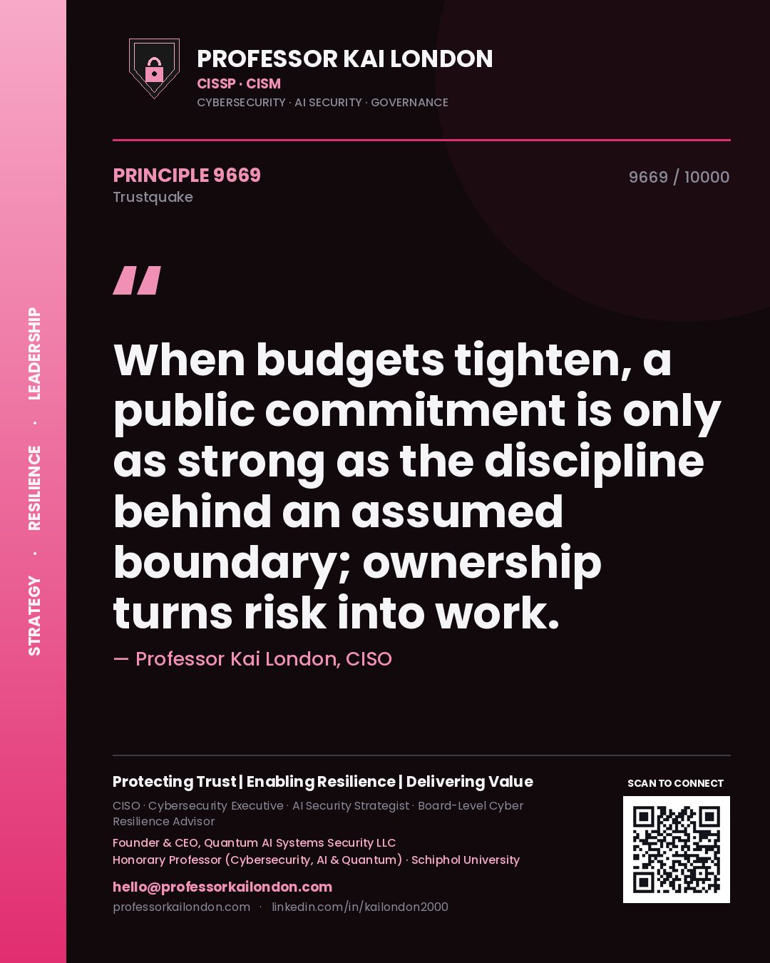 Quote card by Professor Kai London reading 'When budgets tighten, a public commitment is only as strong as the discipline behind an assumed boundary; ownership turns risk into work.'. From the book Trustquake.