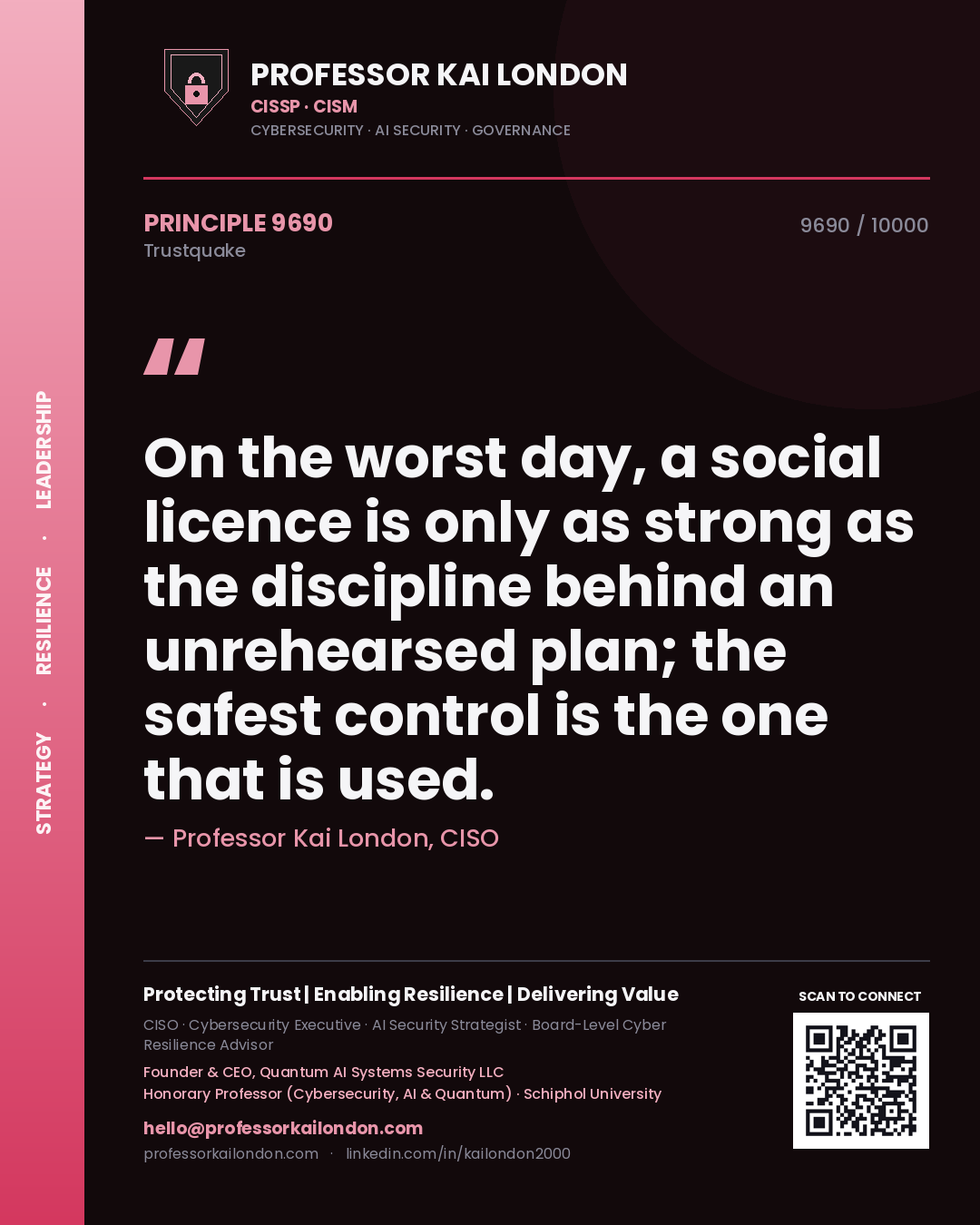 Professor Kai London principle 9690: On the worst day, a social licence is only as strong as the discipline behind an unrehearsed plan; the safest control is the one that is used.