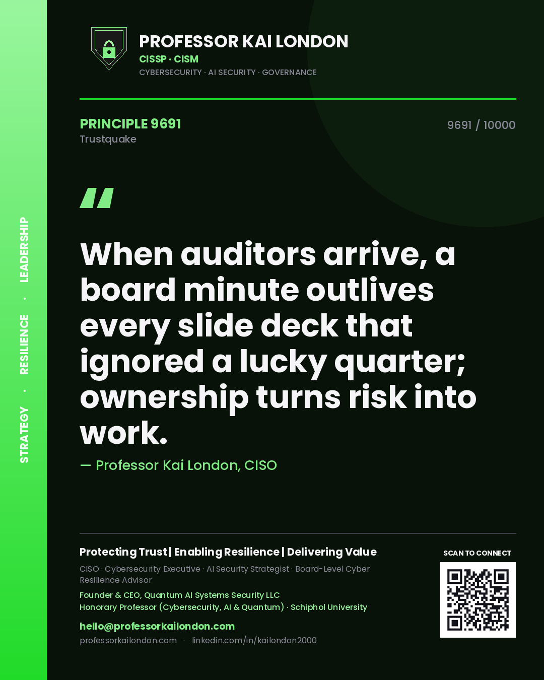 Quote card by Professor Kai London reading 'When auditors arrive, a board minute outlives every slide deck that ignored a lucky quarter; ownership turns risk into work.'. From the book Trustquake.