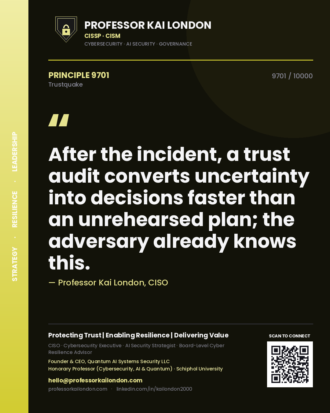 Professor Kai London principle 9701: After the incident, a trust audit converts uncertainty into decisions faster than an unrehearsed plan; the adversary already knows this.