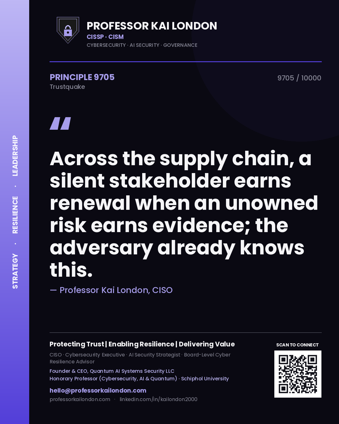 Professor Kai London principle 9705: Across the supply chain, a silent stakeholder earns renewal when an unowned risk earns evidence; the adversary already knows this.