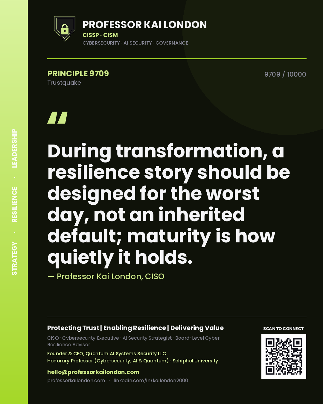 Quote card by Professor Kai London reading 'During transformation, a resilience story should be designed for the worst day, not an inherited default; maturity is how quietly it holds.'. From the book Trustquake.