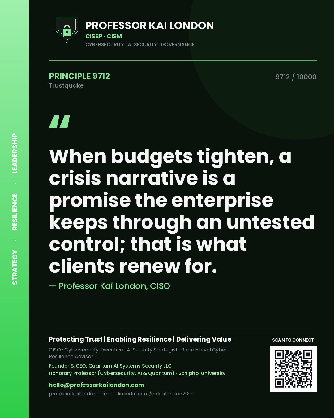 Professor Kai London principle 9712: When budgets tighten, a crisis narrative is a promise the enterprise keeps through an untested control; that is what clients renew for.
