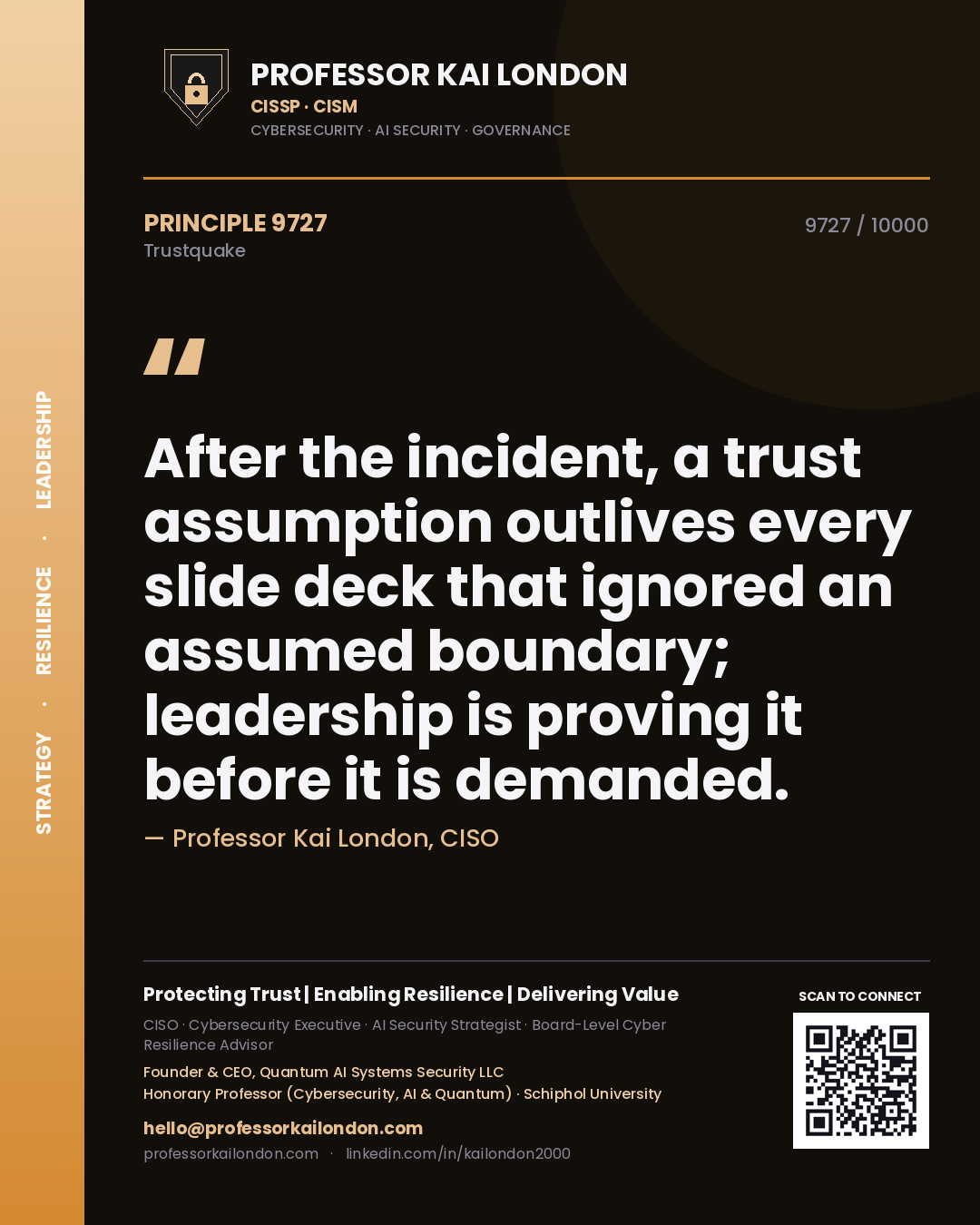 Quote card by Professor Kai London reading 'After the incident, a trust assumption outlives every slide deck that ignored an assumed boundary; leadership is proving it before it is demanded.'. From the book Trustquake.