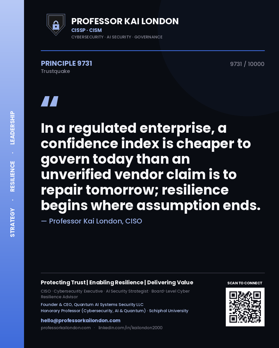 Professor Kai London principle 9731: In a regulated enterprise, a confidence index is cheaper to govern today than an unverified vendor claim is to repair tomorrow; resilience begins where assumption ends.
