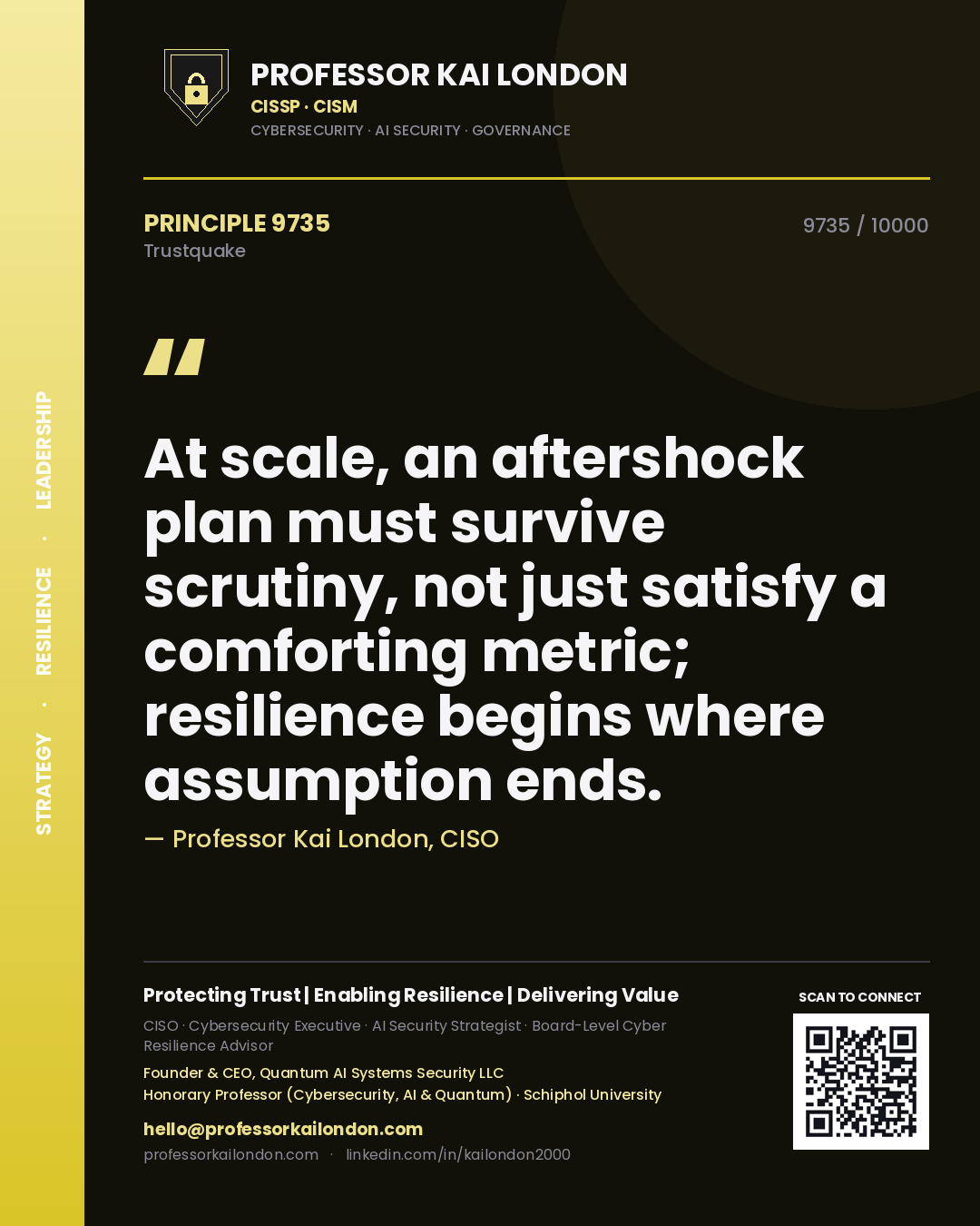 Professor Kai London principle 9735: At scale, an aftershock plan must survive scrutiny, not just satisfy a comforting metric; resilience begins where assumption ends.
