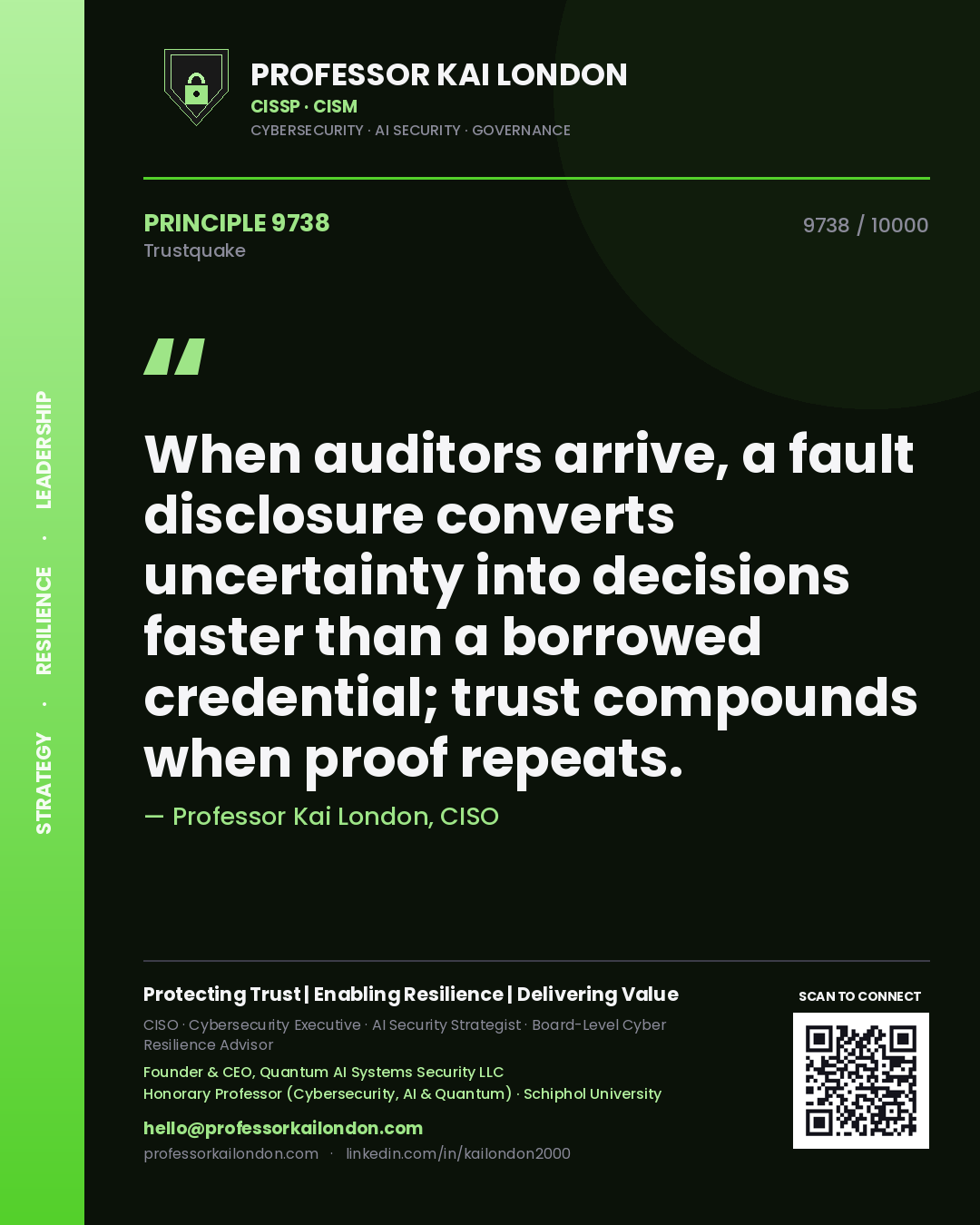 Professor Kai London principle 9738: When auditors arrive, a fault disclosure converts uncertainty into decisions faster than a borrowed credential; trust compounds when proof repeats.