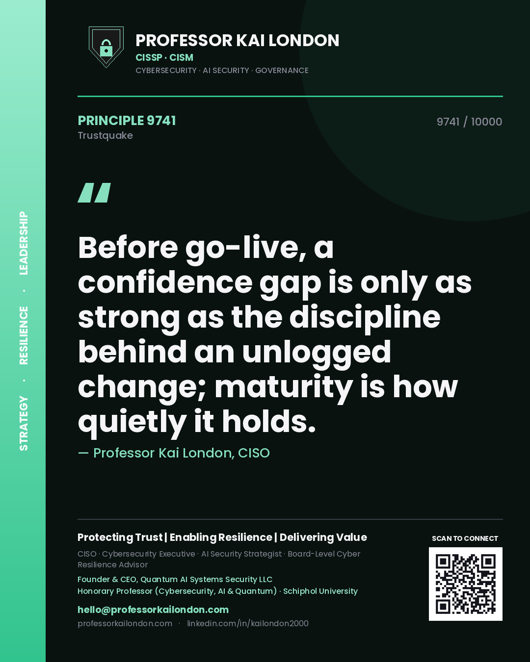 Professor Kai London principle 9741: Before go-live, a confidence gap is only as strong as the discipline behind an unlogged change; maturity is how quietly it holds.