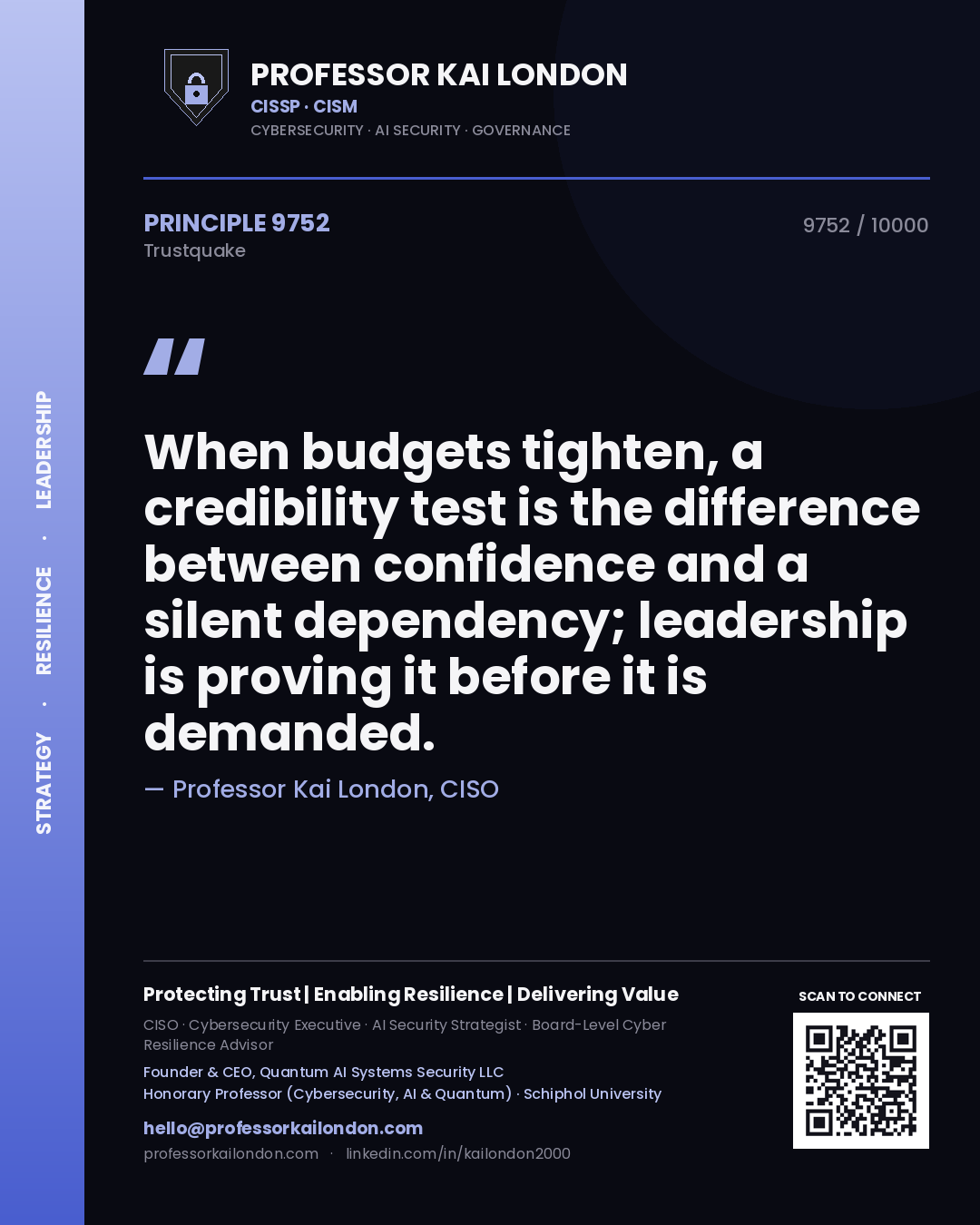 Professor Kai London principle 9752: When budgets tighten, a credibility test is the difference between confidence and a silent dependency; leadership is proving it before it is demanded.
