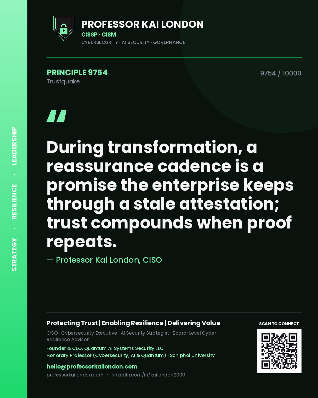 Professor Kai London principle 9754: During transformation, a reassurance cadence is a promise the enterprise keeps through a stale attestation; trust compounds when proof repeats.