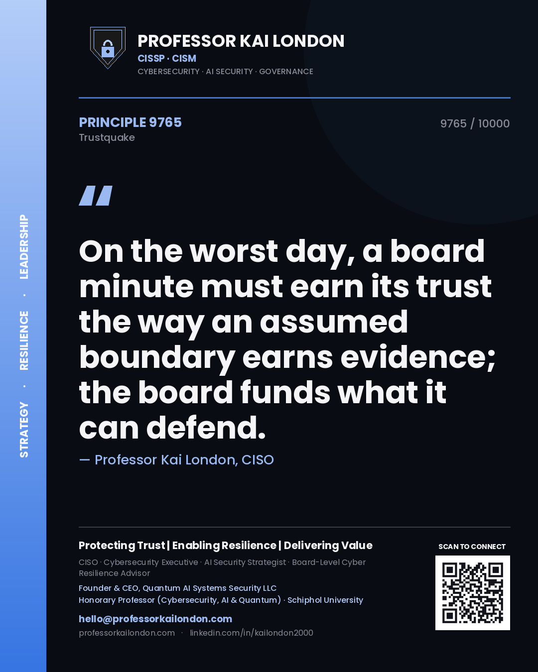 Quote card by Professor Kai London reading 'On the worst day, a board minute must earn its trust the way an assumed boundary earns evidence; the board funds what it can defend.'. From the book Trustquake.