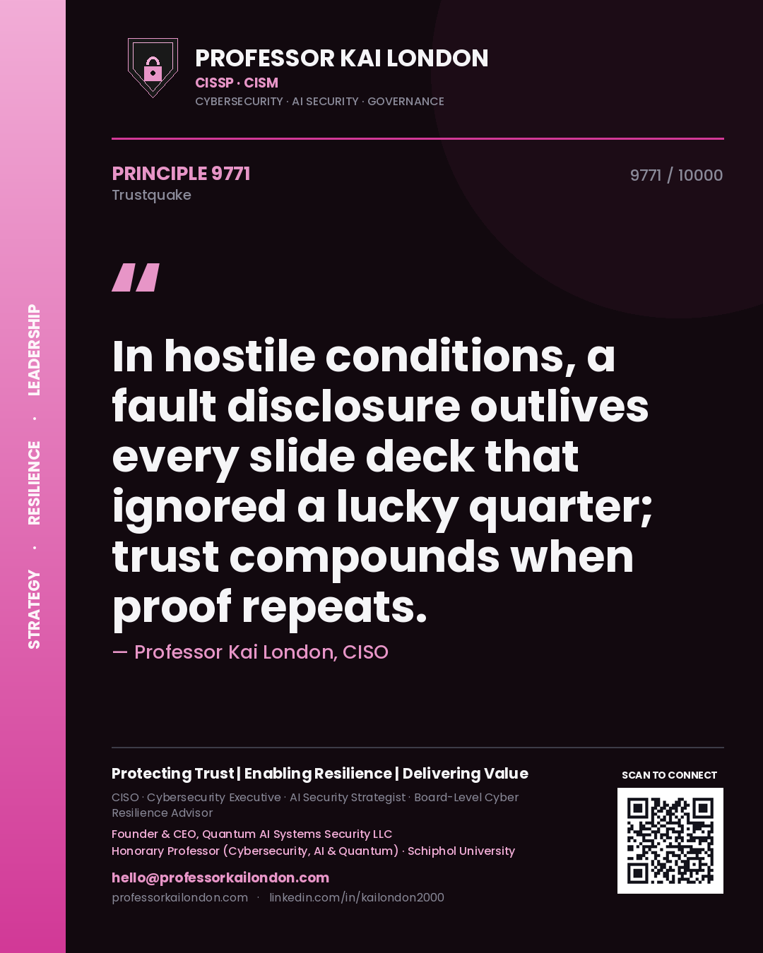 Professor Kai London principle 9771: In hostile conditions, a fault disclosure outlives every slide deck that ignored a lucky quarter; trust compounds when proof repeats.