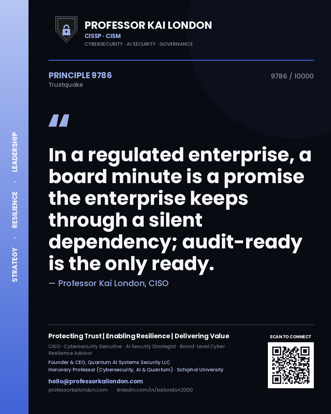 Professor Kai London principle 9786: In a regulated enterprise, a board minute is a promise the enterprise keeps through a silent dependency; audit-ready is the only ready.
