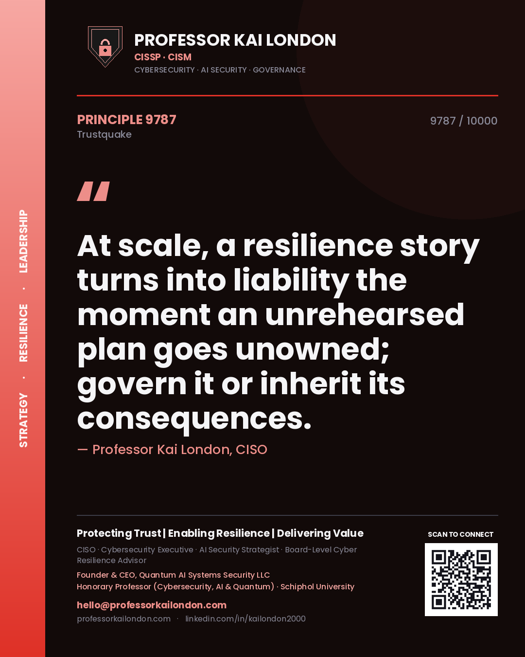Quote card by Professor Kai London reading 'At scale, a resilience story turns into liability the moment an unrehearsed plan goes unowned; govern it or inherit its consequences.'. From the book Trustquake.