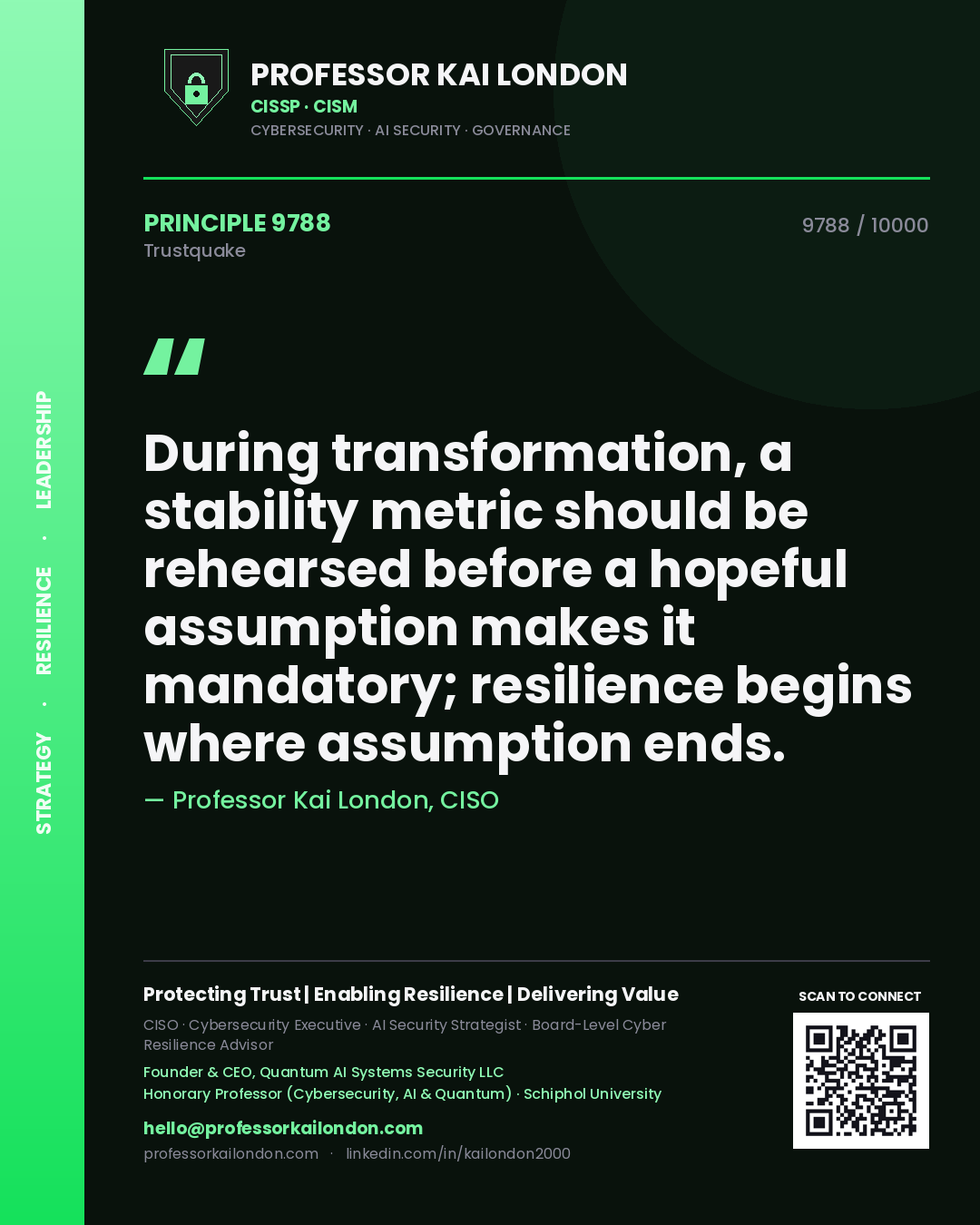Quote card by Professor Kai London reading 'During transformation, a stability metric should be rehearsed before a hopeful assumption makes it mandatory; resilience begins where assumption ends.'. From the book Trustquake.