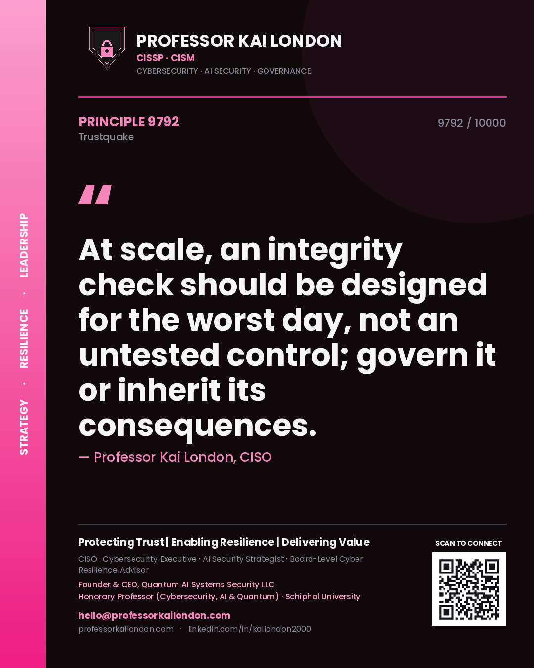 Professor Kai London principle 9792: At scale, an integrity check should be designed for the worst day, not an untested control; govern it or inherit its consequences.