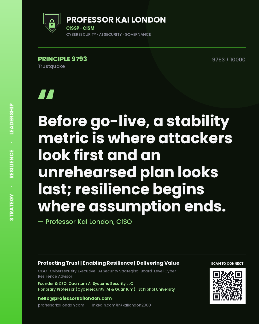 Quote card by Professor Kai London reading 'Before go-live, a stability metric is where attackers look first and an unrehearsed plan looks last; resilience begins where assumption ends.'. From the book Trustquake.