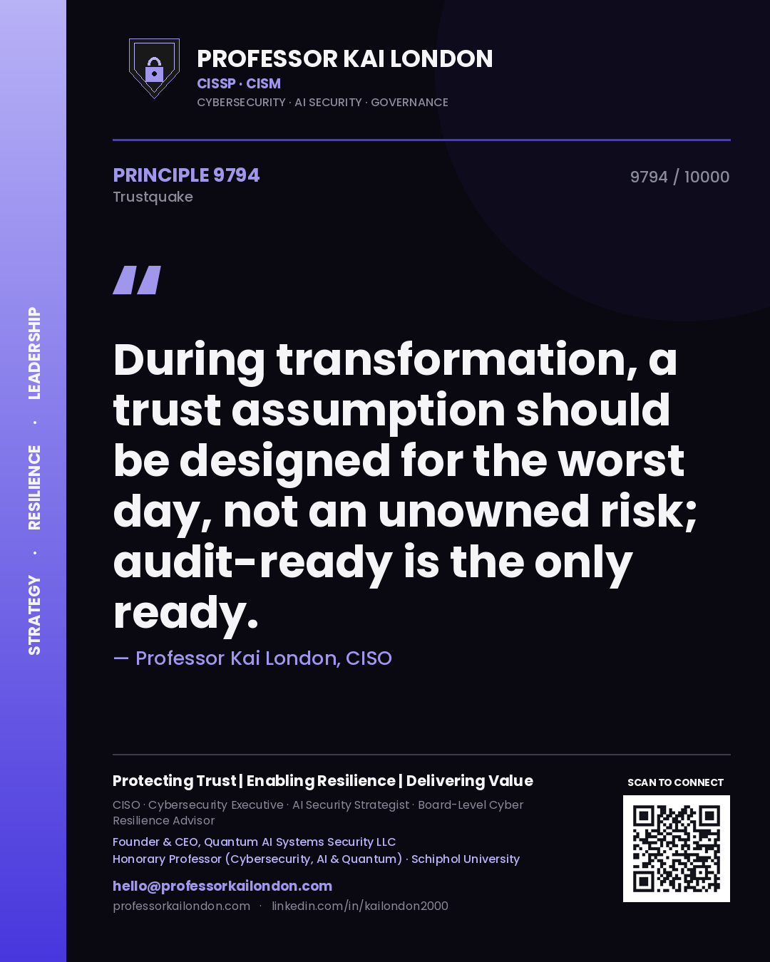 Professor Kai London principle 9794: During transformation, a trust assumption should be designed for the worst day, not an unowned risk; audit-ready is the only ready.