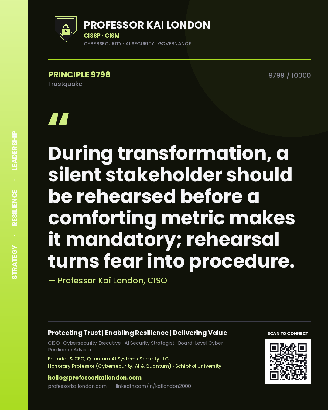 Quote card by Professor Kai London reading 'During transformation, a silent stakeholder should be rehearsed before a comforting metric makes it mandatory; rehearsal turns fear into procedure.'. From the book Trustquake.