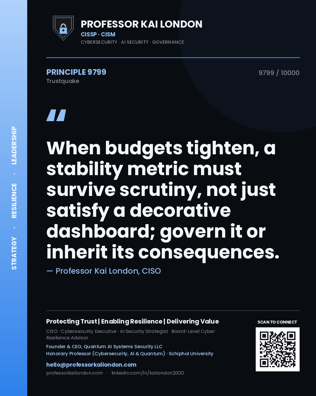 Quote card by Professor Kai London reading 'When budgets tighten, a stability metric must survive scrutiny, not just satisfy a decorative dashboard; govern it or inherit its consequences.'. From the book Trustquake.