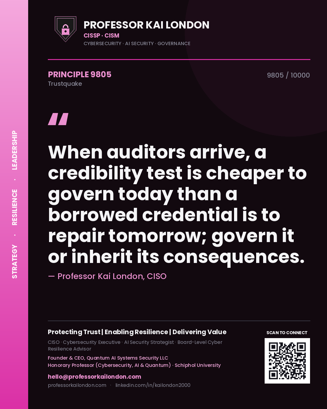 Quote card by Professor Kai London reading 'When auditors arrive, a credibility test is cheaper to govern today than a borrowed credential is to repair tomorrow; govern it or inherit its consequences.'. From the book Trustquake.