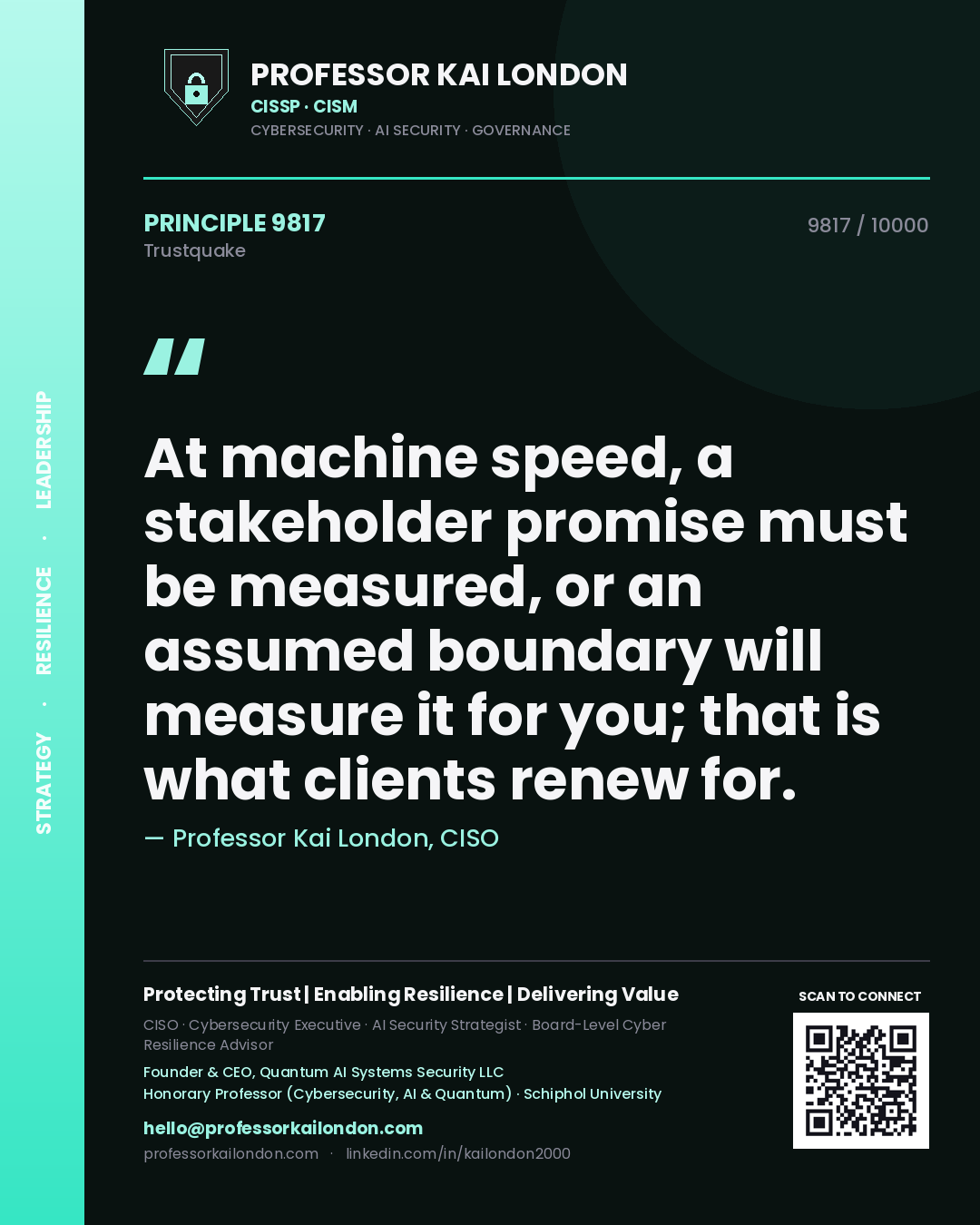 Quote card by Professor Kai London reading 'At machine speed, a stakeholder promise must be measured, or an assumed boundary will measure it for you; that is what clients renew for.'. From the book Trustquake.