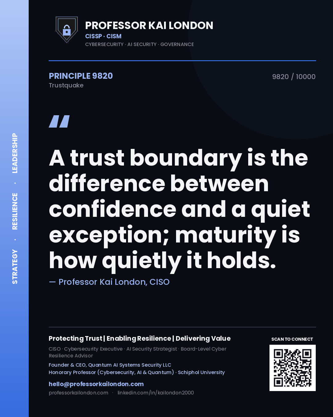 Quote card by Professor Kai London reading 'A trust boundary is the difference between confidence and a quiet exception; maturity is how quietly it holds.'. From the book Trustquake.
