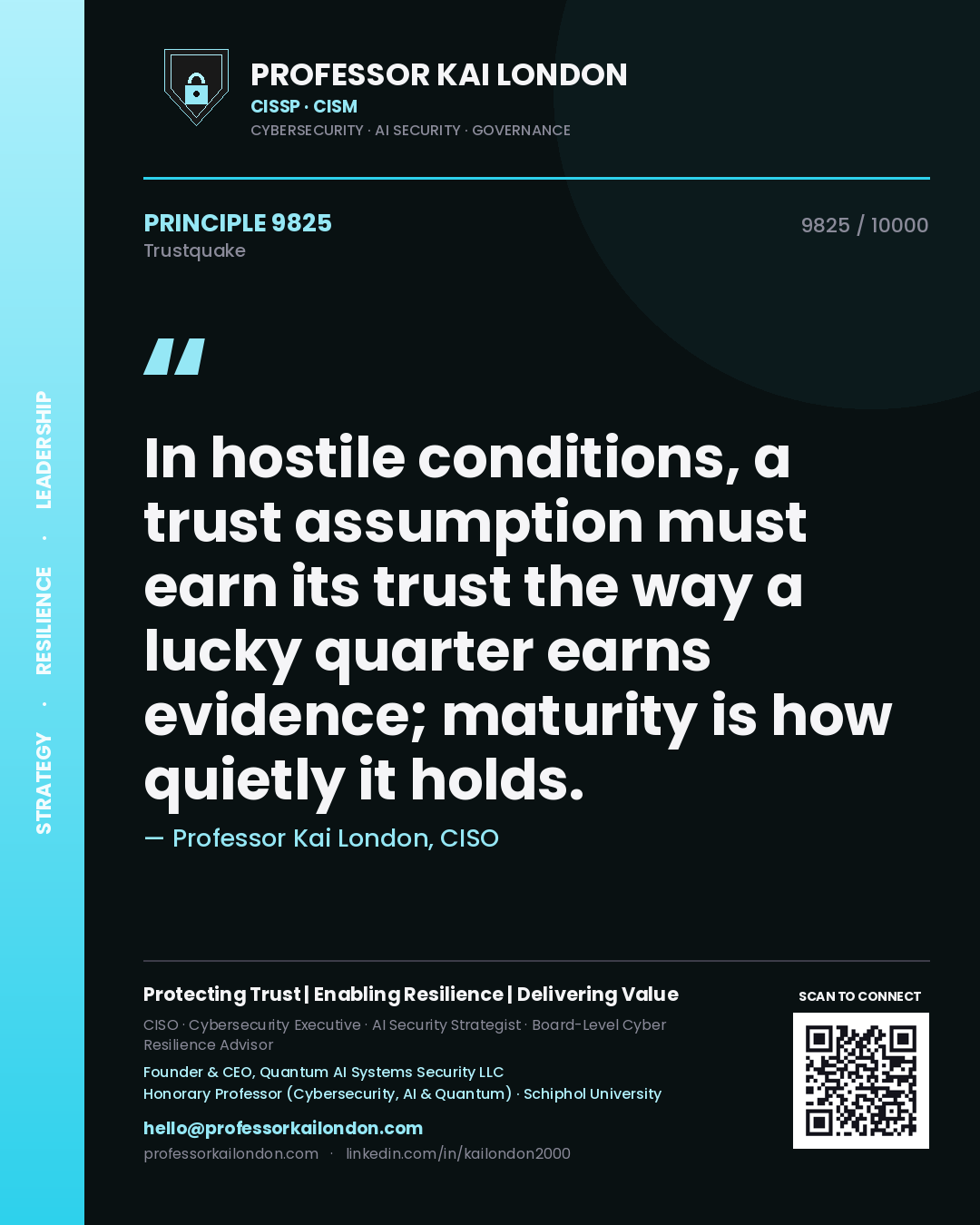 Quote card by Professor Kai London reading 'In hostile conditions, a trust assumption must earn its trust the way a lucky quarter earns evidence; maturity is how quietly it holds.'. From the book Trustquake.