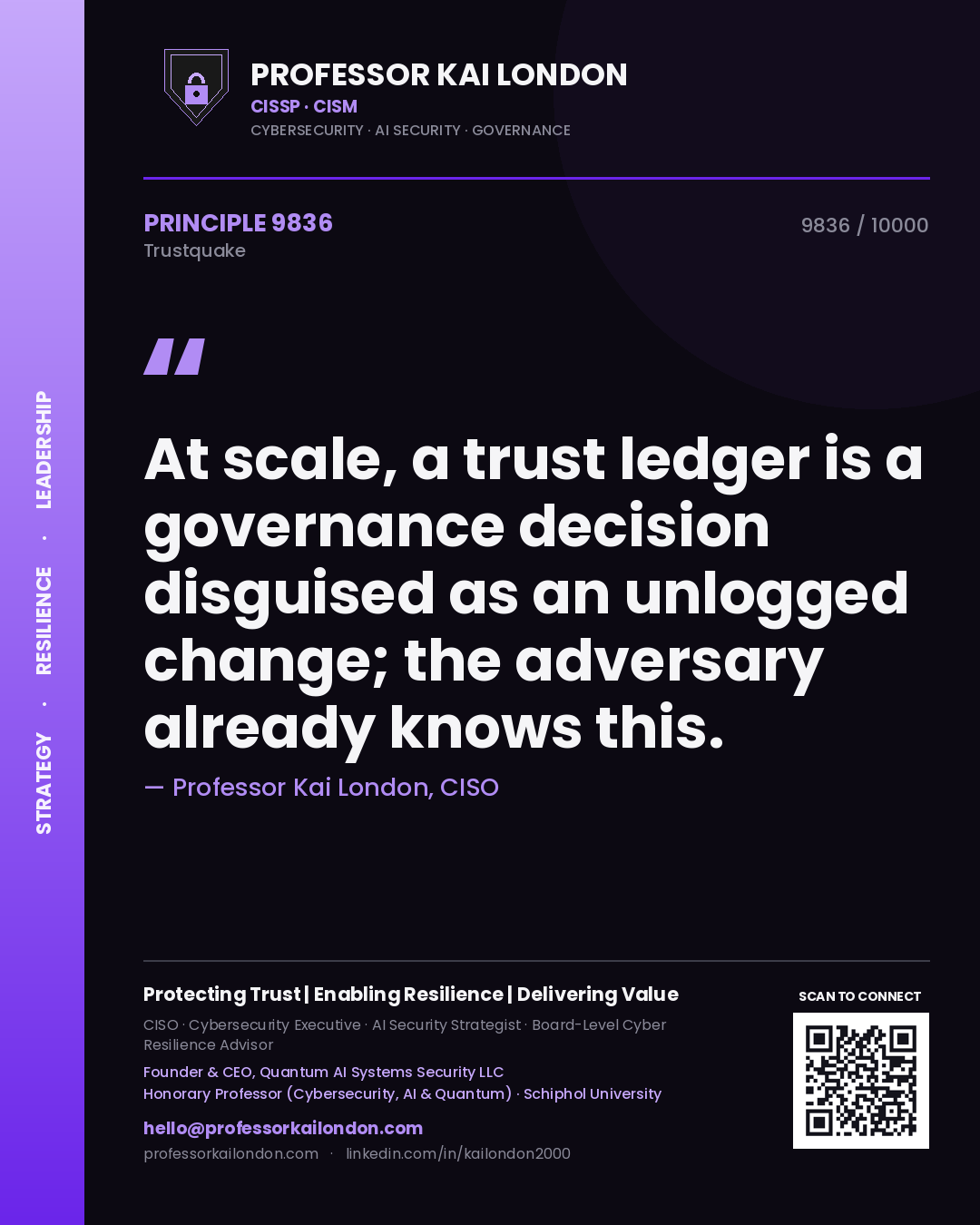Quote card by Professor Kai London reading 'At scale, a trust ledger is a governance decision disguised as an unlogged change; the adversary already knows this.'. From the book Trustquake.