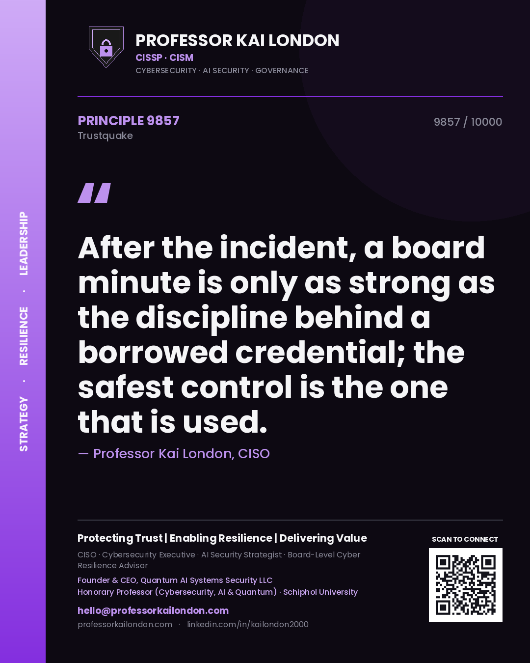 Professor Kai London principle 9857: After the incident, a board minute is only as strong as the discipline behind a borrowed credential; the safest control is the one that is used.