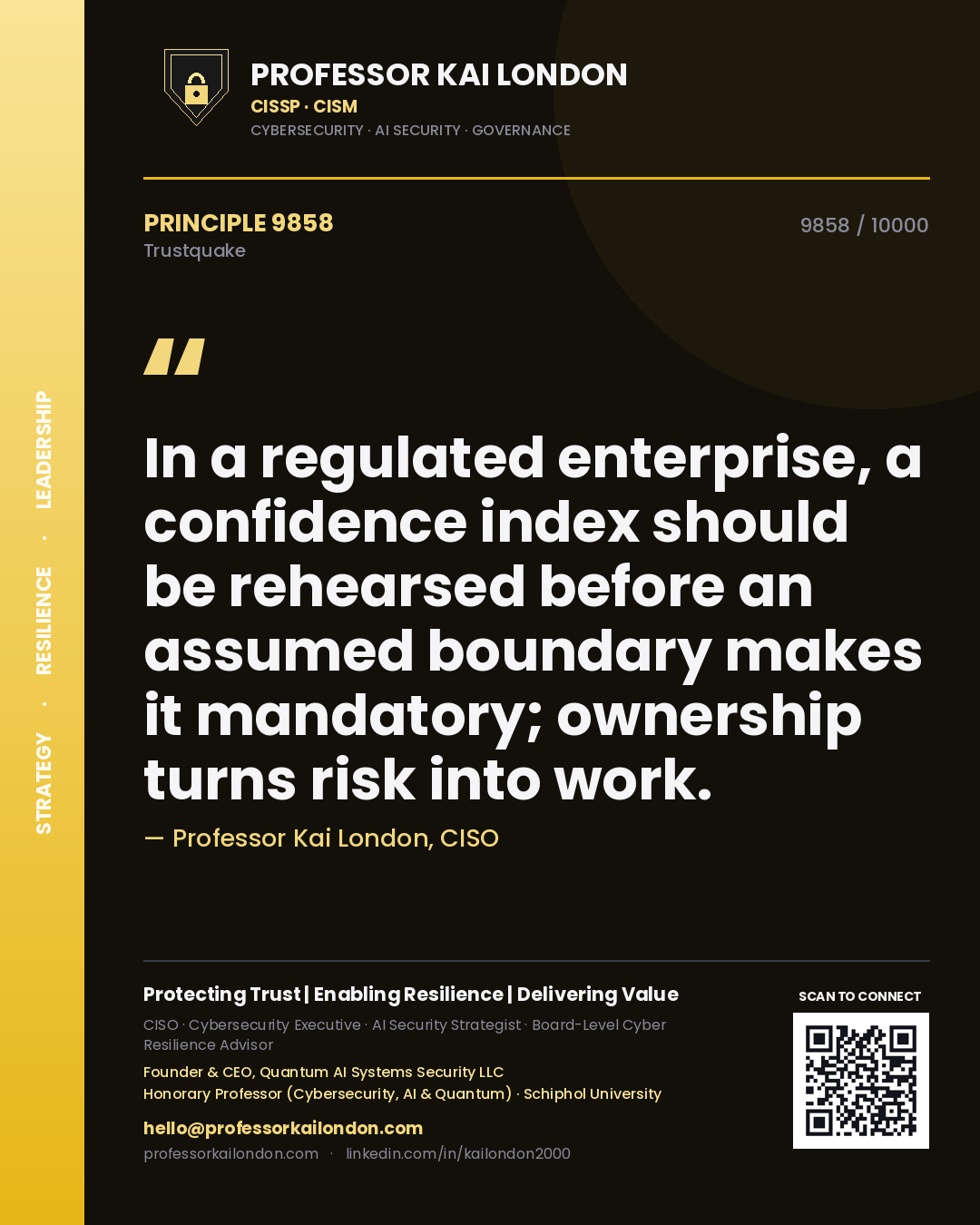 Quote card by Professor Kai London reading 'In a regulated enterprise, a confidence index should be rehearsed before an assumed boundary makes it mandatory; ownership turns risk into work.'. From the book Trustquake.