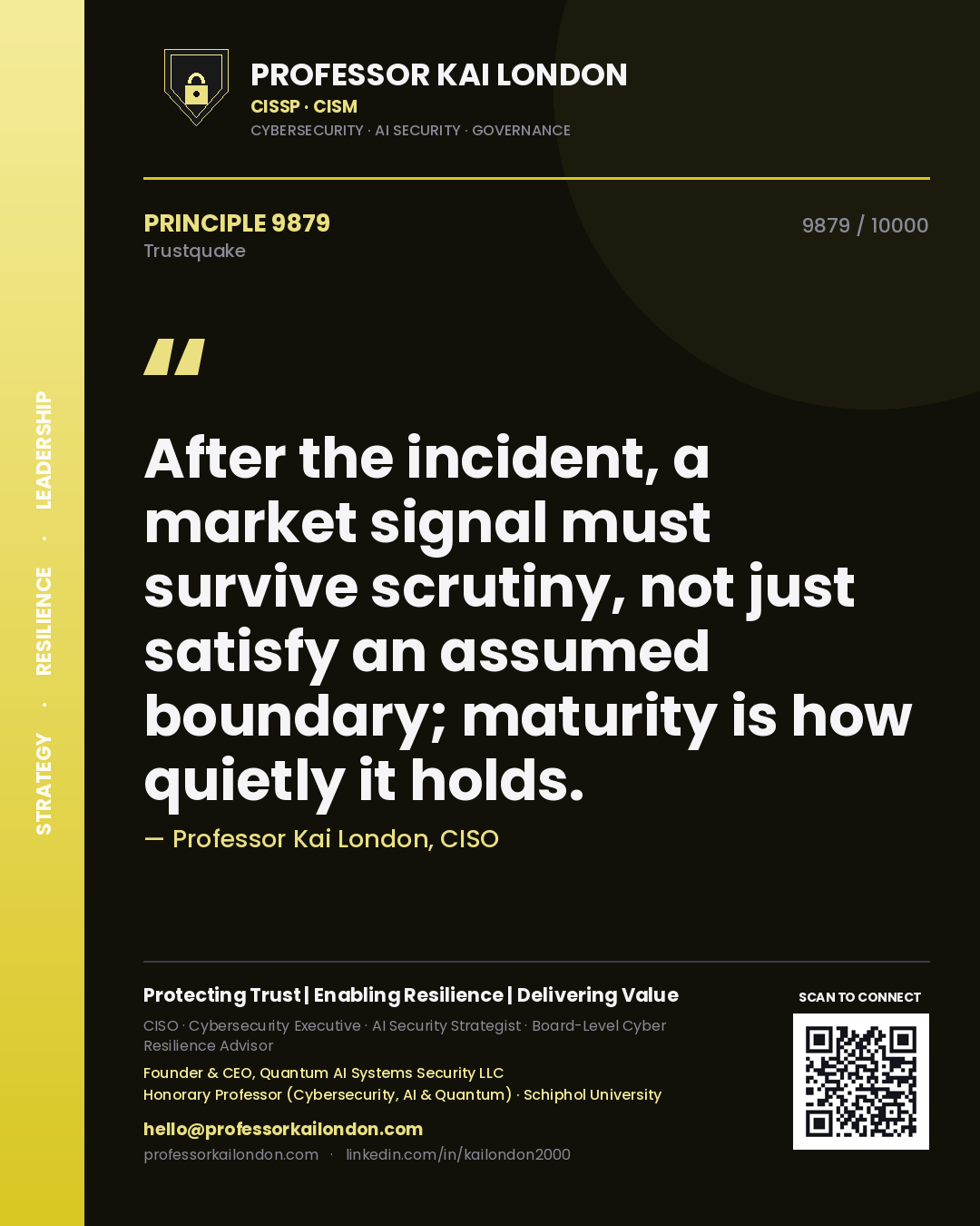 Quote card by Professor Kai London reading 'After the incident, a market signal must survive scrutiny, not just satisfy an assumed boundary; maturity is how quietly it holds.'. From the book Trustquake.