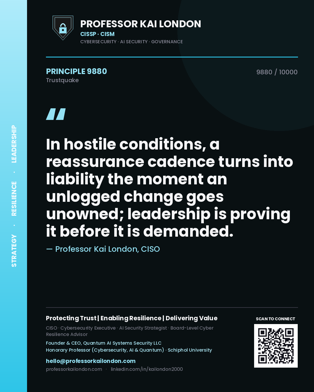 Quote card by Professor Kai London reading 'In hostile conditions, a reassurance cadence turns into liability the moment an unlogged change goes unowned; leadership is proving it before it is demanded.'. From the book Trustquake.