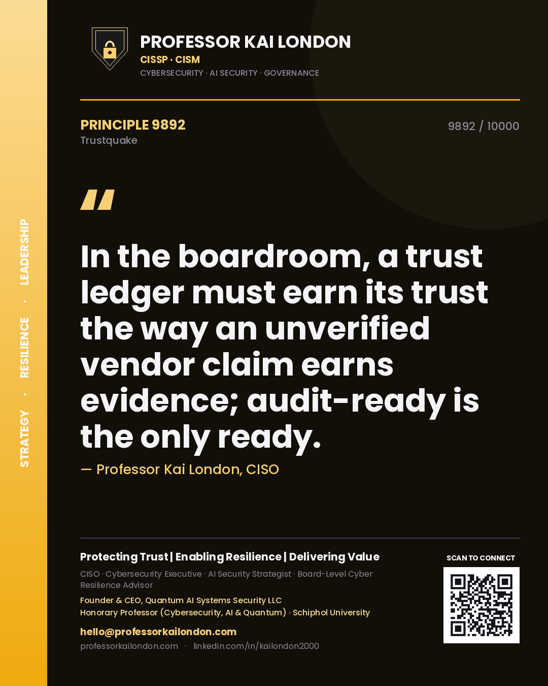 Quote card by Professor Kai London reading 'In the boardroom, a trust ledger must earn its trust the way an unverified vendor claim earns evidence; audit-ready is the only ready.'. From the book Trustquake.