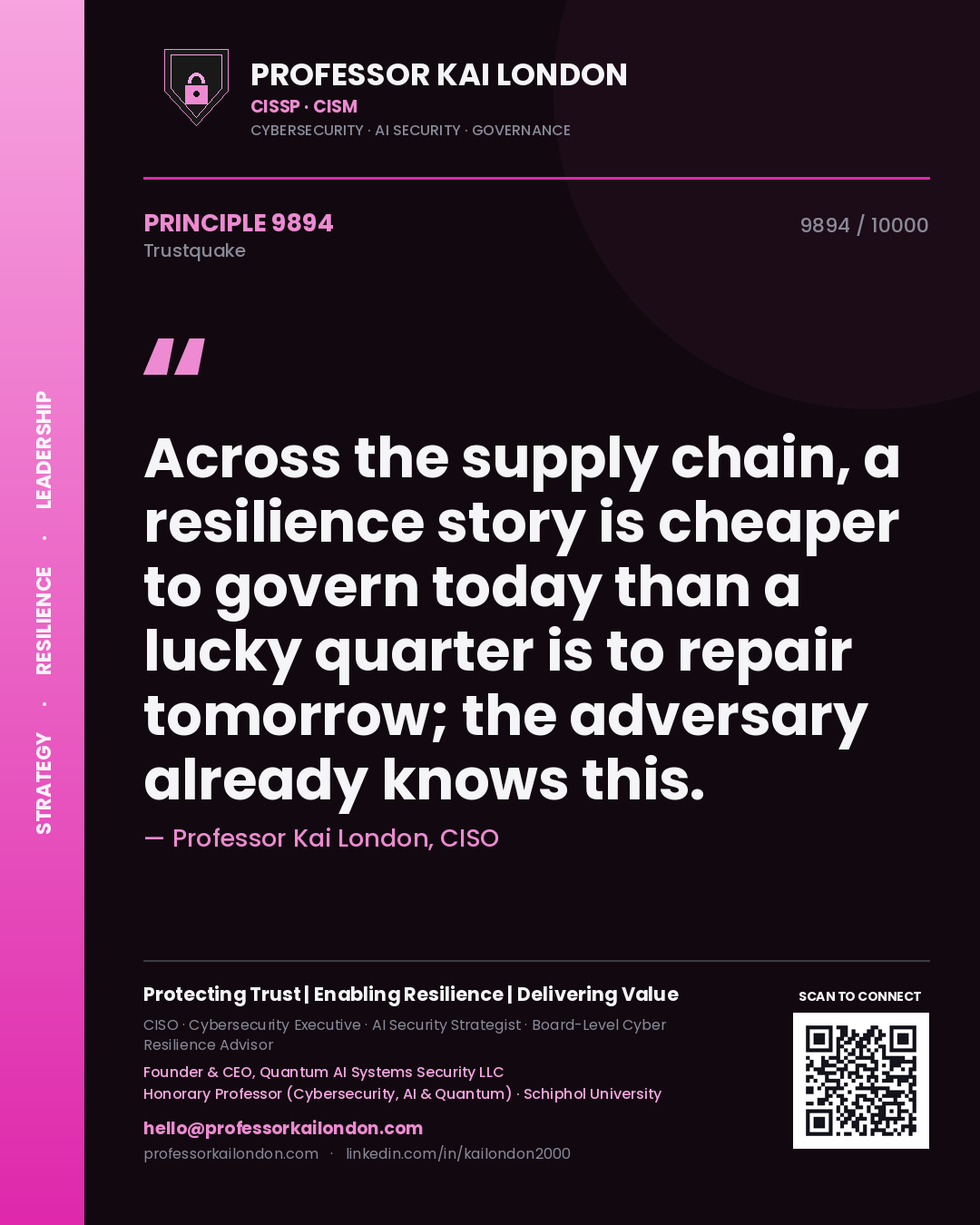 Quote card by Professor Kai London reading 'Across the supply chain, a resilience story is cheaper to govern today than a lucky quarter is to repair tomorrow; the adversary already knows this.'. From the book Trustquake.