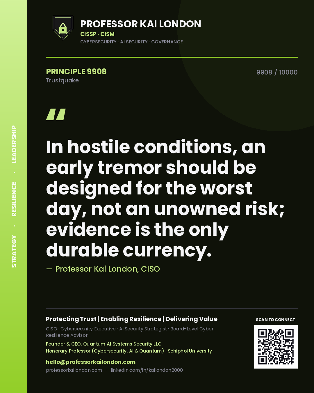 Professor Kai London principle 9908: In hostile conditions, an early tremor should be designed for the worst day, not an unowned risk; evidence is the only durable currency.