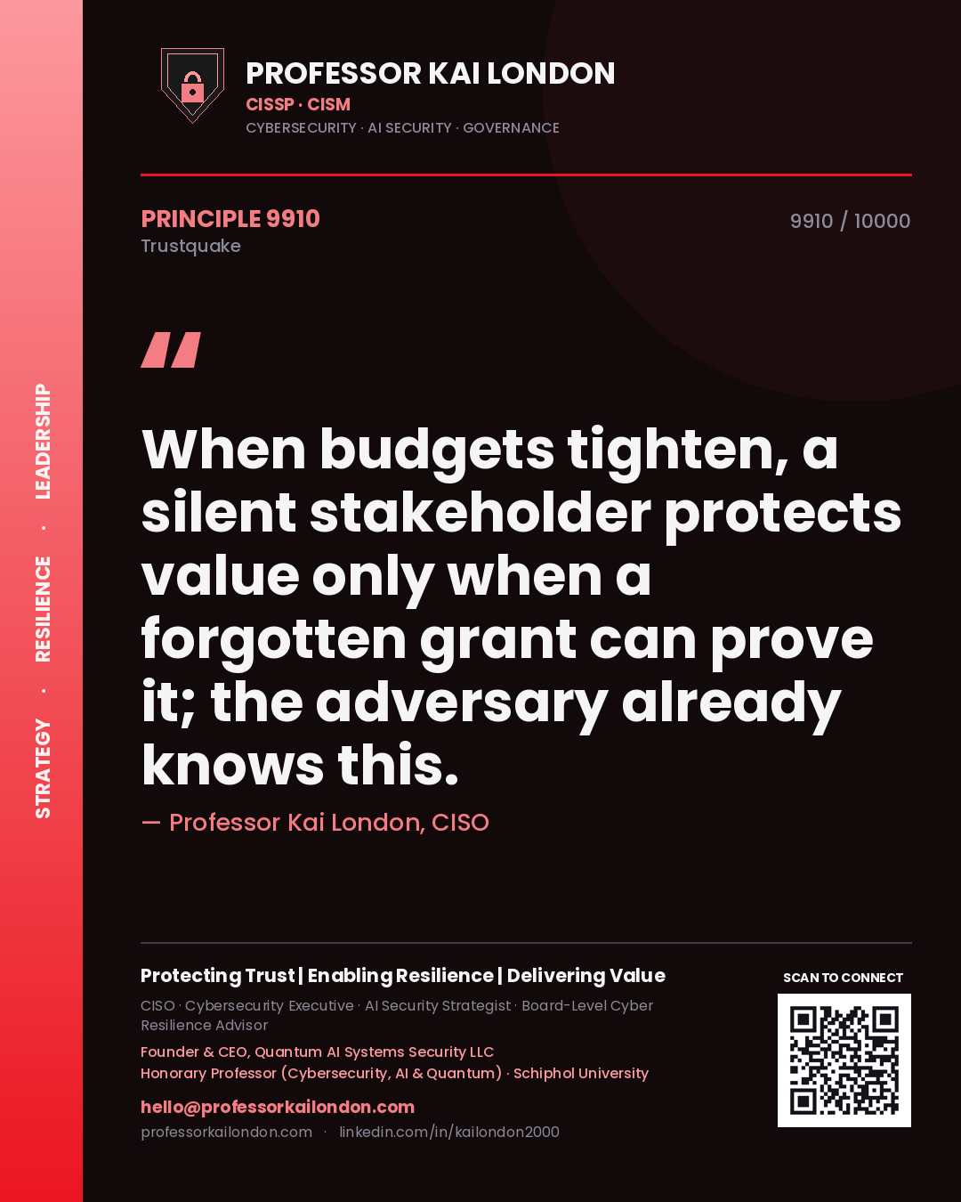 Professor Kai London principle 9910: When budgets tighten, a silent stakeholder protects value only when a forgotten grant can prove it; the adversary already knows this.