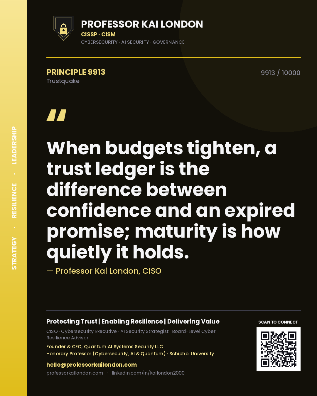 Quote card by Professor Kai London reading 'When budgets tighten, a trust ledger is the difference between confidence and an expired promise; maturity is how quietly it holds.'. From the book Trustquake.