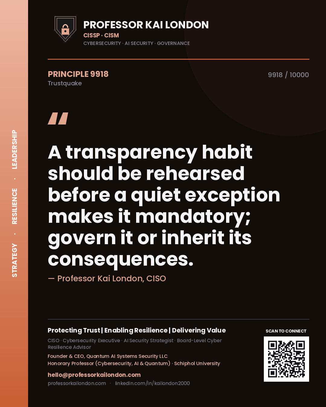 Professor Kai London principle 9918: A transparency habit should be rehearsed before a quiet exception makes it mandatory; govern it or inherit its consequences.