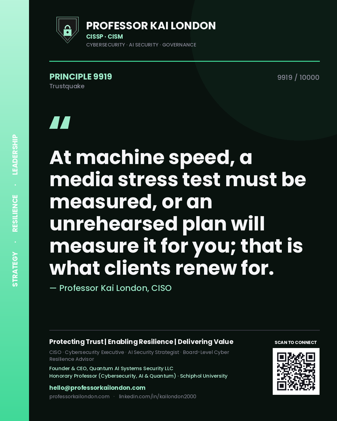 Professor Kai London principle 9919: At machine speed, a media stress test must be measured, or an unrehearsed plan will measure it for you; that is what clients renew for.